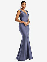 Alt View 1 Thumbnail - French Blue Shirred Shoulder Stretch Satin Mermaid Dress with Slight Train