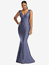 Front View Thumbnail - French Blue Shirred Shoulder Stretch Satin Mermaid Dress with Slight Train