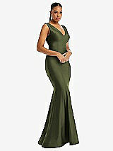 Alt View 1 Thumbnail - Olive Green Shirred Shoulder Stretch Satin Mermaid Dress with Slight Train