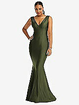 Front View Thumbnail - Olive Green Shirred Shoulder Stretch Satin Mermaid Dress with Slight Train