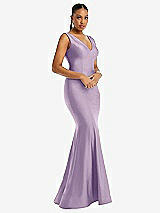 Alt View 1 Thumbnail - Pale Purple Shirred Shoulder Stretch Satin Mermaid Dress with Slight Train