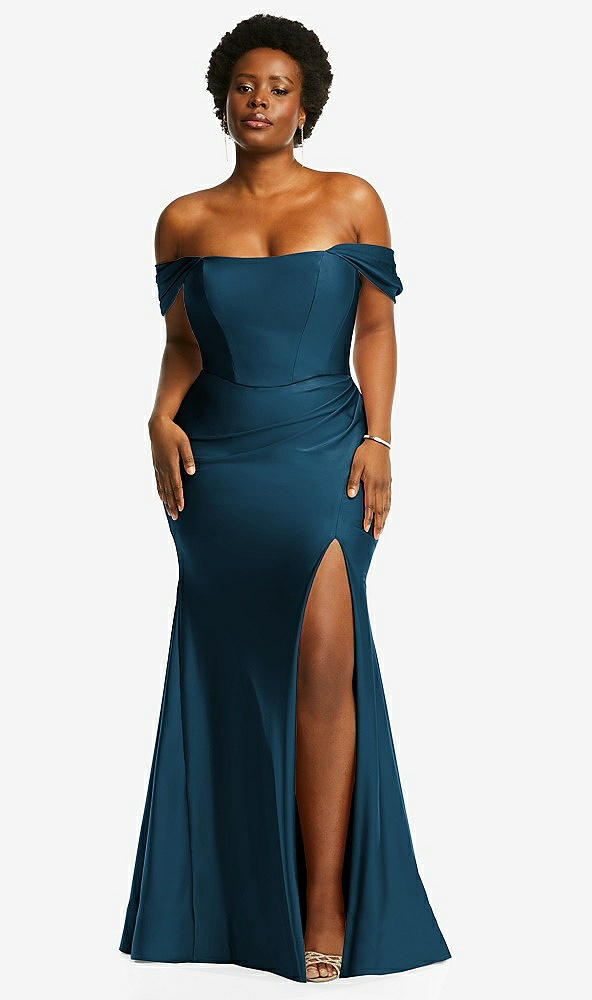 Front View - Atlantic Blue Off-the-Shoulder Corset Stretch Satin Mermaid Dress with Slight Train