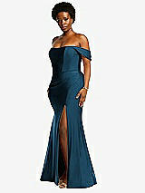 Side View Thumbnail - Atlantic Blue Off-the-Shoulder Corset Stretch Satin Mermaid Dress with Slight Train