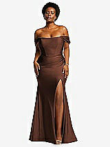 Front View Thumbnail - Cognac Off-the-Shoulder Corset Stretch Satin Mermaid Dress with Slight Train