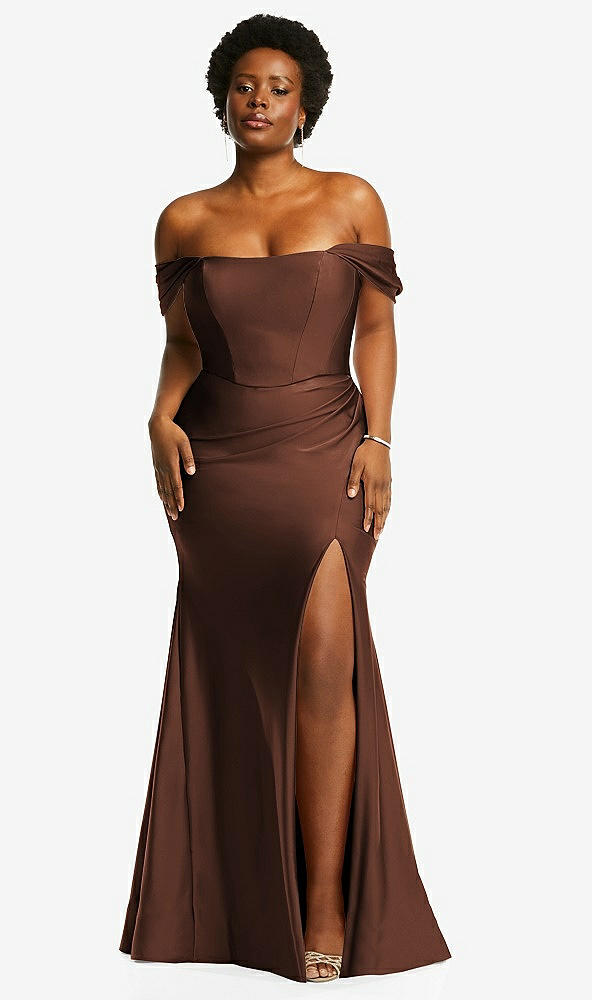 Front View - Cognac Off-the-Shoulder Corset Stretch Satin Mermaid Dress with Slight Train