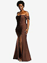 Side View Thumbnail - Cognac Off-the-Shoulder Corset Stretch Satin Mermaid Dress with Slight Train