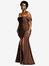 Rear View Thumbnail - Cognac Off-the-Shoulder Corset Stretch Satin Mermaid Dress with Slight Train