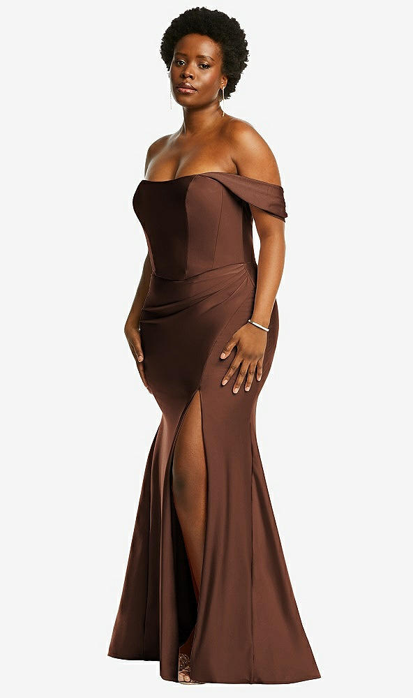 Back View - Cognac Off-the-Shoulder Corset Stretch Satin Mermaid Dress with Slight Train