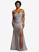 Front View Thumbnail - Cashmere Gray Off-the-Shoulder Corset Stretch Satin Mermaid Dress with Slight Train