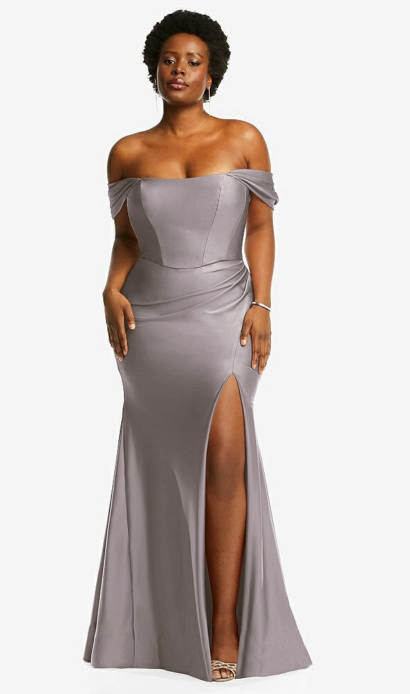 Front View - Cashmere Gray Off-the-Shoulder Corset Stretch Satin Mermaid Dress with Slight Train