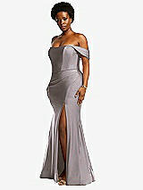 Side View Thumbnail - Cashmere Gray Off-the-Shoulder Corset Stretch Satin Mermaid Dress with Slight Train
