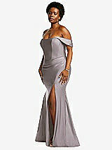 Rear View Thumbnail - Cashmere Gray Off-the-Shoulder Corset Stretch Satin Mermaid Dress with Slight Train