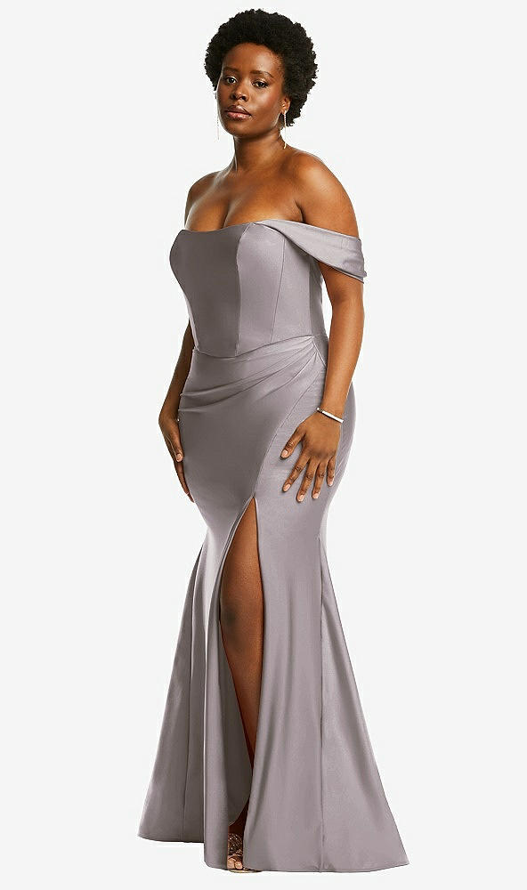 Back View - Cashmere Gray Off-the-Shoulder Corset Stretch Satin Mermaid Dress with Slight Train