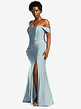 Side View Thumbnail - Mist Off-the-Shoulder Corset Stretch Satin Mermaid Dress with Slight Train