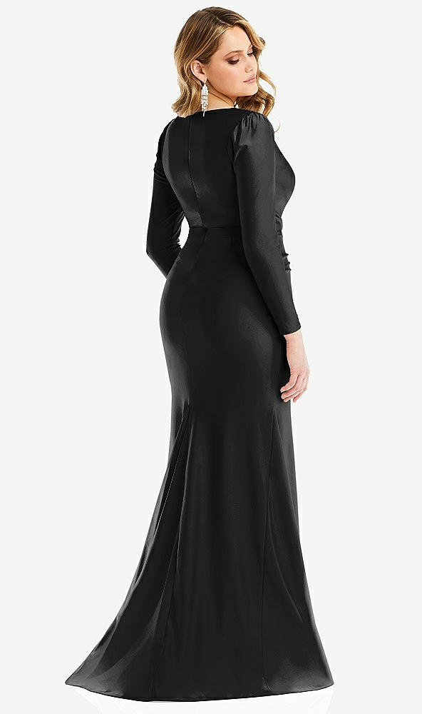 Back View - Black Long Sleeve Draped Wrap Stretch Satin Mermaid Dress with Slight Train
