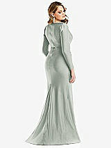 Rear View Thumbnail - Willow Green Long Sleeve Draped Wrap Stretch Satin Mermaid Dress with Slight Train