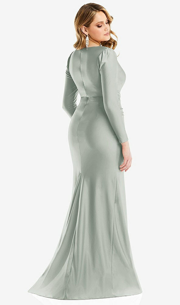 Back View - Willow Green Long Sleeve Draped Wrap Stretch Satin Mermaid Dress with Slight Train