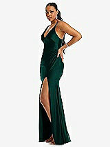 Side View Thumbnail - Evergreen Deep V-Neck Stretch Satin Mermaid Dress with Slight Train