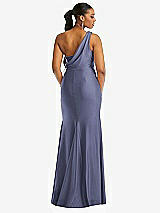 Rear View Thumbnail - French Blue One-Shoulder Asymmetrical Cowl Back Stretch Satin Mermaid Dress