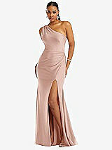 Front View Thumbnail - Toasted Sugar One-Shoulder Asymmetrical Cowl Back Stretch Satin Mermaid Dress