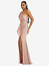 Side View Thumbnail - Toasted Sugar One-Shoulder Asymmetrical Cowl Back Stretch Satin Mermaid Dress