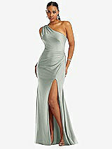 Front View Thumbnail - Willow Green One-Shoulder Asymmetrical Cowl Back Stretch Satin Mermaid Dress