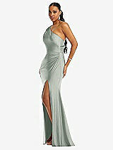Side View Thumbnail - Willow Green One-Shoulder Asymmetrical Cowl Back Stretch Satin Mermaid Dress