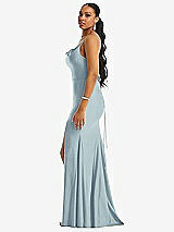 Side View Thumbnail - Mist Cowl-Neck Open Tie-Back Stretch Satin Mermaid Dress with Slight Train