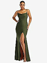 Front View Thumbnail - Olive Green Cowl-Neck Open Tie-Back Stretch Satin Mermaid Dress with Slight Train