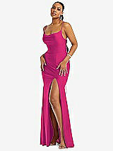 Alt View 1 Thumbnail - Think Pink Cowl-Neck Open Tie-Back Stretch Satin Mermaid Dress with Slight Train