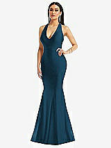 Front View Thumbnail - Atlantic Blue Plunge Neckline Cutout Low Back Stretch Satin Mermaid Dress