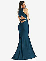 Rear View Thumbnail - Atlantic Blue Plunge Neckline Cutout Low Back Stretch Satin Mermaid Dress