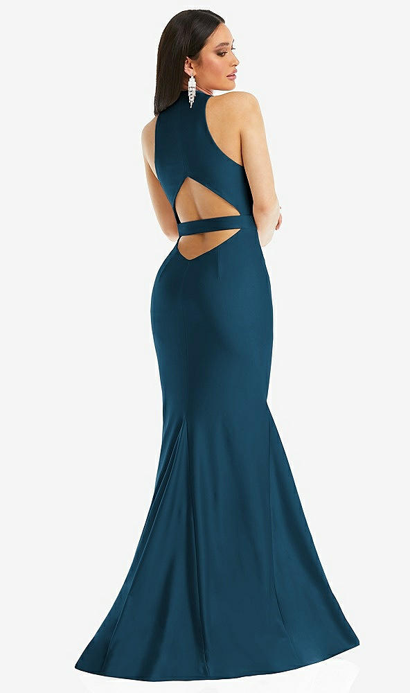 Back View - Atlantic Blue Plunge Neckline Cutout Low Back Stretch Satin Mermaid Dress