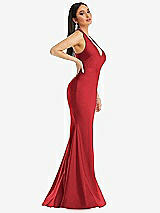 Side View Thumbnail - Poppy Red Plunge Neckline Cutout Low Back Stretch Satin Mermaid Dress