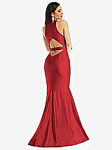 Rear View Thumbnail - Poppy Red Plunge Neckline Cutout Low Back Stretch Satin Mermaid Dress