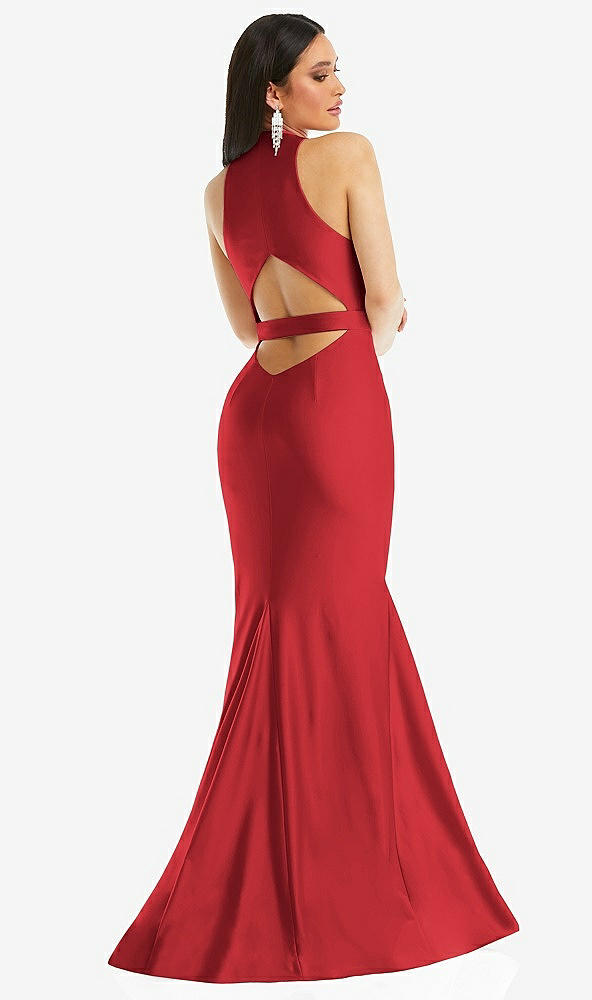 Back View - Poppy Red Plunge Neckline Cutout Low Back Stretch Satin Mermaid Dress