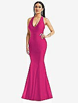 Front View Thumbnail - Think Pink Plunge Neckline Cutout Low Back Stretch Satin Mermaid Dress