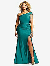 Front View Thumbnail - Peacock Teal One-Shoulder Bias-Cuff Stretch Satin Mermaid Dress with Slight Train