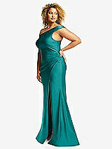 Side View Thumbnail - Peacock Teal One-Shoulder Bias-Cuff Stretch Satin Mermaid Dress with Slight Train