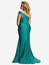 Rear View Thumbnail - Peacock Teal One-Shoulder Bias-Cuff Stretch Satin Mermaid Dress with Slight Train