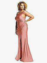 Side View Thumbnail - Desert Rose One-Shoulder Bias-Cuff Stretch Satin Mermaid Dress with Slight Train