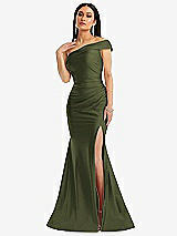 Alt View 1 Thumbnail - Olive Green One-Shoulder Bias-Cuff Stretch Satin Mermaid Dress with Slight Train