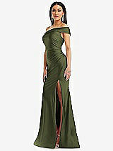 Alt View 2 Thumbnail - Olive Green One-Shoulder Bias-Cuff Stretch Satin Mermaid Dress with Slight Train