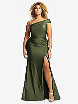 Front View Thumbnail - Olive Green One-Shoulder Bias-Cuff Stretch Satin Mermaid Dress with Slight Train