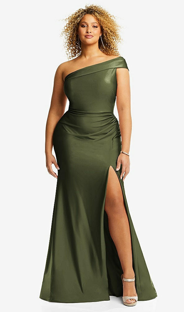 Front View - Olive Green One-Shoulder Bias-Cuff Stretch Satin Mermaid Dress with Slight Train
