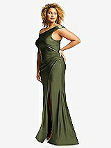 Side View Thumbnail - Olive Green One-Shoulder Bias-Cuff Stretch Satin Mermaid Dress with Slight Train