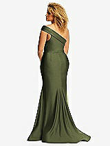 Rear View Thumbnail - Olive Green One-Shoulder Bias-Cuff Stretch Satin Mermaid Dress with Slight Train