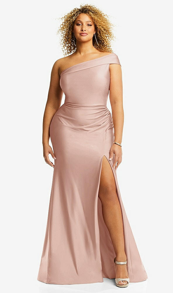 Front View - Toasted Sugar One-Shoulder Bias-Cuff Stretch Satin Mermaid Dress with Slight Train