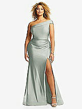 Front View Thumbnail - Willow Green One-Shoulder Bias-Cuff Stretch Satin Mermaid Dress with Slight Train
