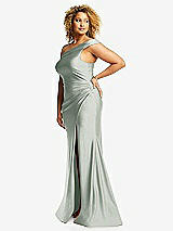 Side View Thumbnail - Willow Green One-Shoulder Bias-Cuff Stretch Satin Mermaid Dress with Slight Train